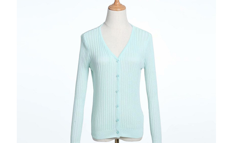 Fashion Light Blue V-neck Single-breasted Knitted Cardigan,Sweater