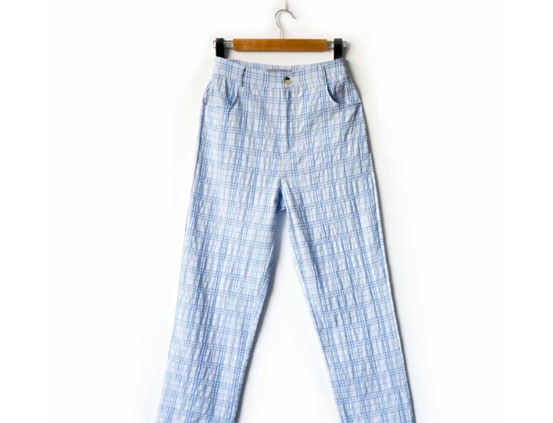 Fashion Light Blue Check Print Straight-leg Pants,Pants