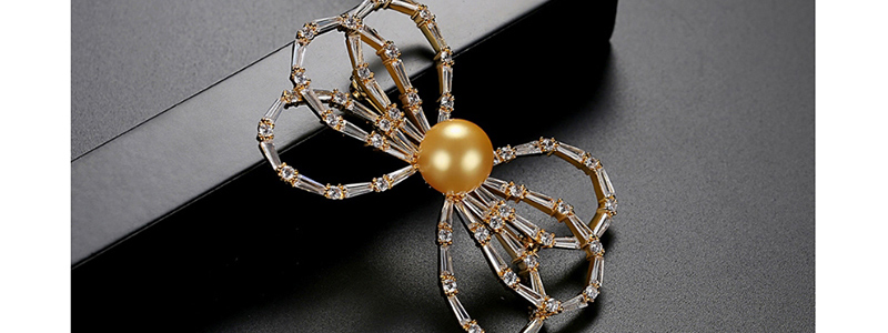 Fashion Platinum Copper Brooch With Zircon Bow And Pearl,Korean Brooches