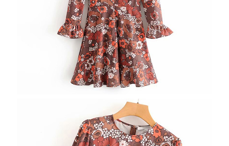 Fashion Coffee Color Flower Print Crew Neck Dress,Mini & Short Dresses