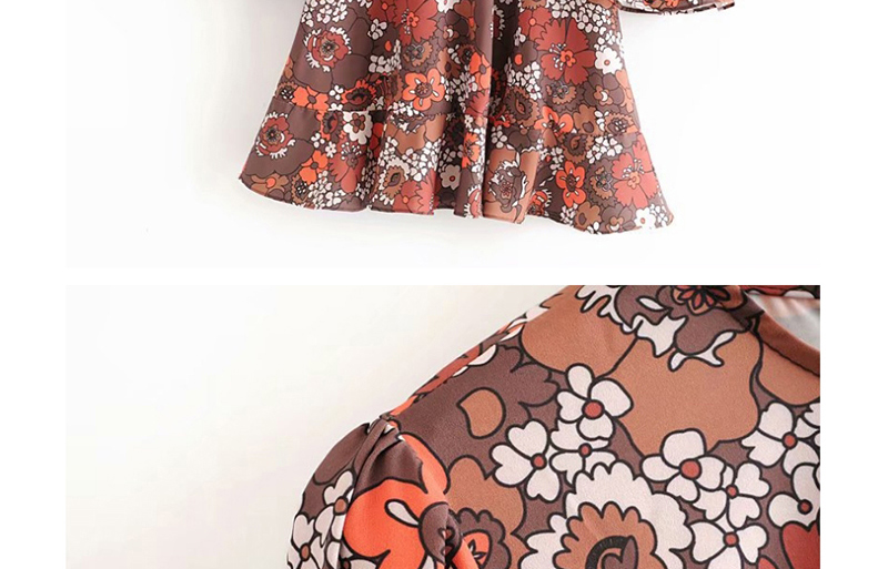 Fashion Coffee Color Flower Print Crew Neck Dress,Mini & Short Dresses