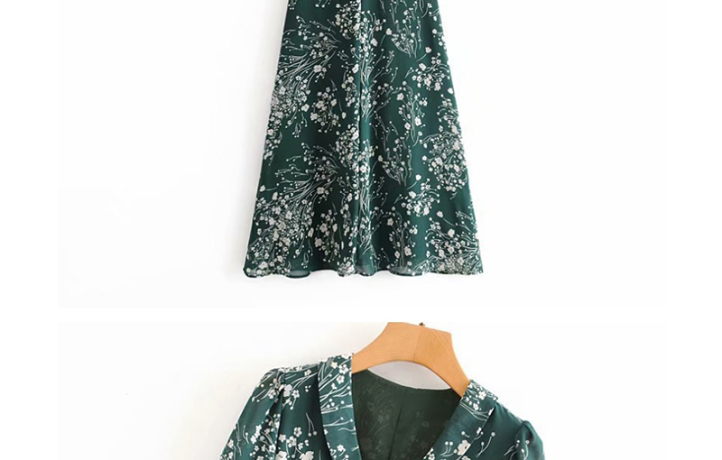Fashion Green Floral Print Front-breasted Split Dress,Long Dress