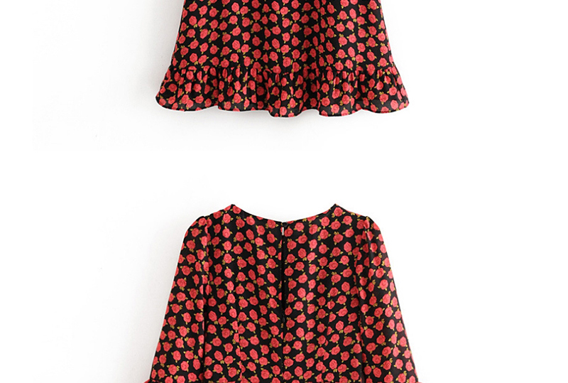 Fashion Black Rose Print Ruffle Cropped Sleeve Dress,Mini & Short Dresses