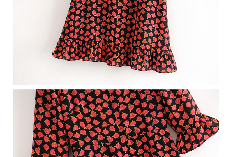 Fashion Black Rose Print Ruffle Cropped Sleeve Dress,Mini & Short Dresses