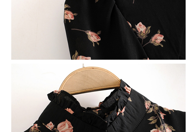 Fashion Black Floral Low-cut Cutout Lace-up Shirt,Blouses