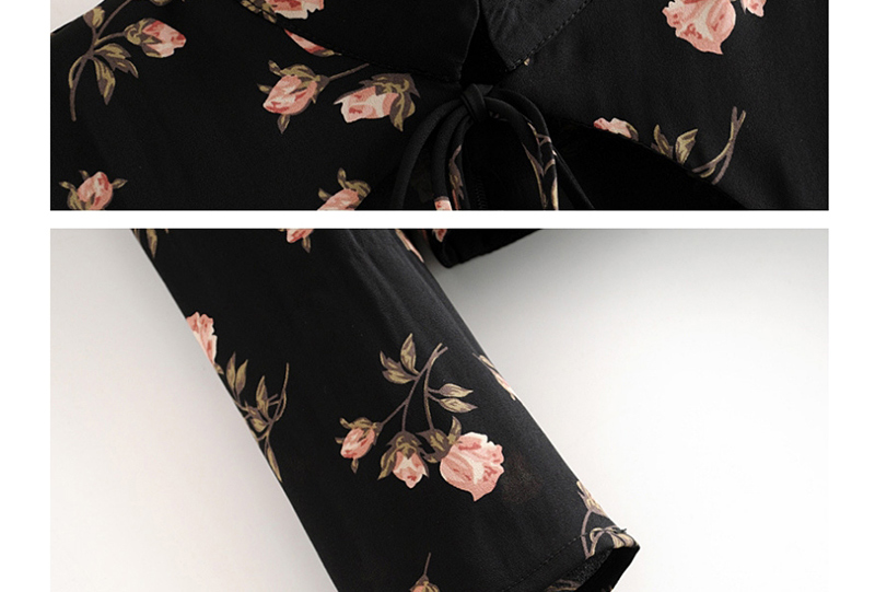 Fashion Black Floral Low-cut Cutout Lace-up Shirt,Blouses