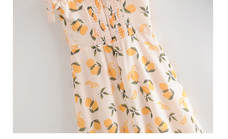 Fashion Beige Lemon Print Fungus Lace Up Dress,Mini & Short Dresses