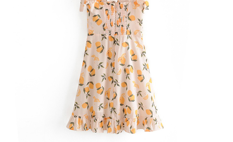 Fashion Beige Lemon Print Fungus Lace Up Dress,Mini & Short Dresses