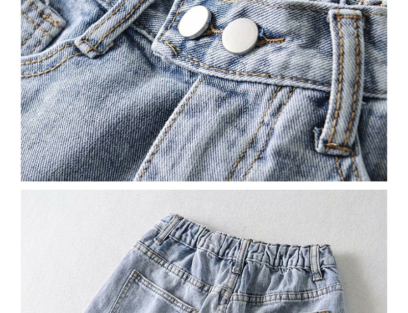 Fashion Blue Washed Ripped Double-button Frayed Denim Shorts,Denim