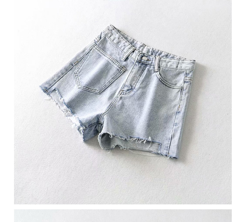 Fashion Blue Washed Pocket Irregular Fray Denim Shorts,Denim