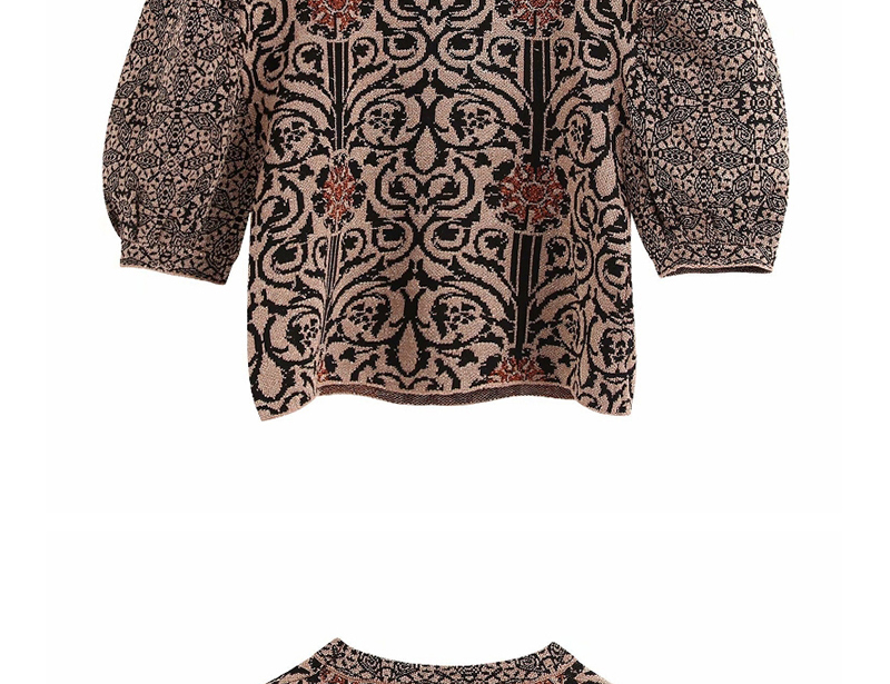 Fashion Khaki Puff Sleeves Jacquard Pullover Sweater Sweater,Sweater