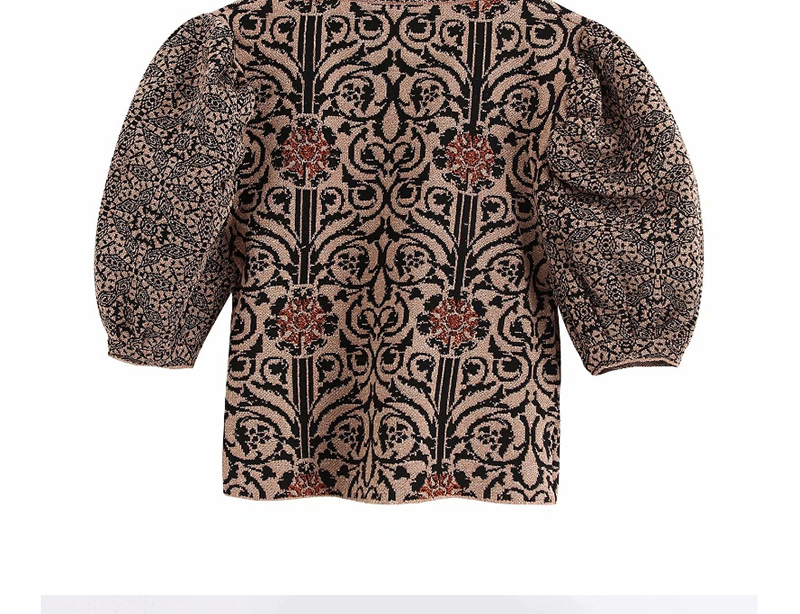 Fashion Khaki Puff Sleeves Jacquard Pullover Sweater Sweater,Sweater