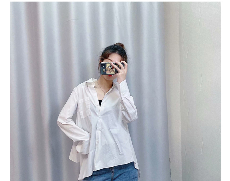 Fashion White Asymmetric Poplin Long Sleeve Shirt,Blouses
