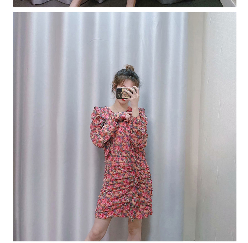Fashion Pink Pleated Floral Print Dress,Mini & Short Dresses