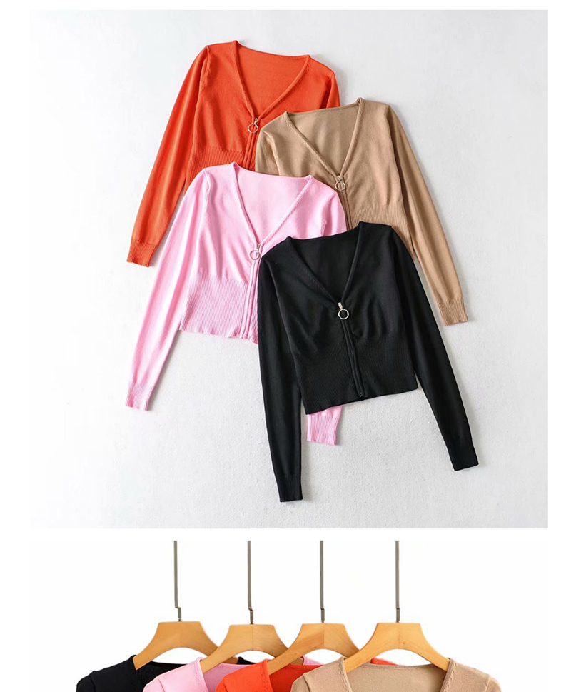 Fashion Light Pink V-neck Zipper Long Sleeve Knit,Sweater