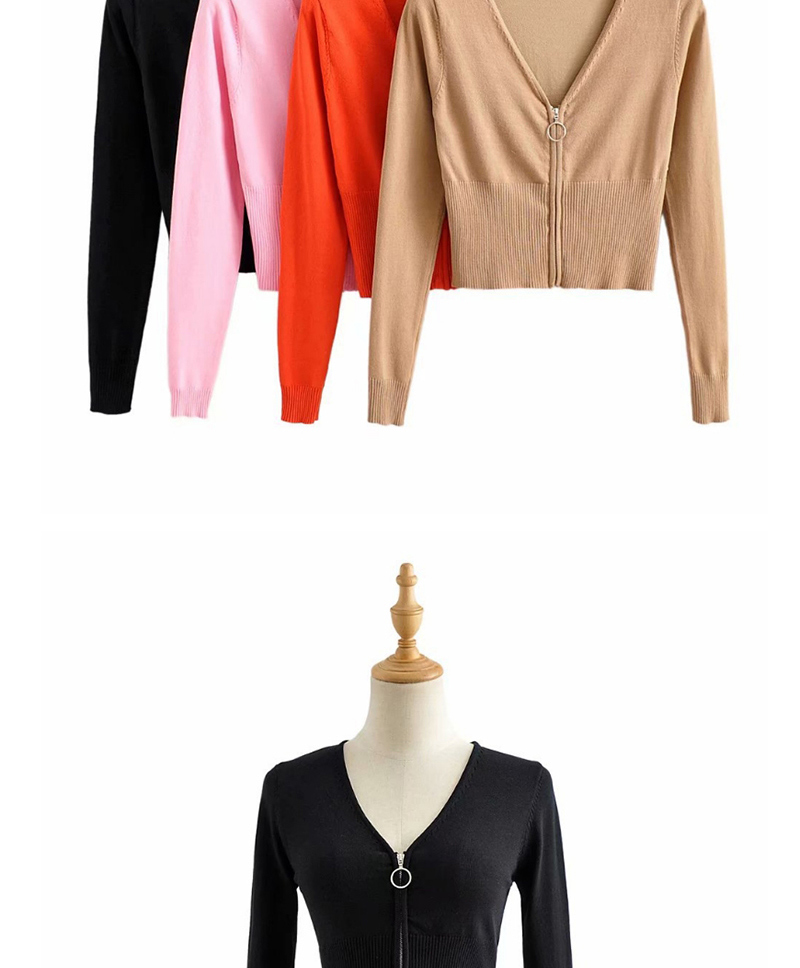 Fashion Khaki V-neck Zipper Long Sleeve Knit,Sweater