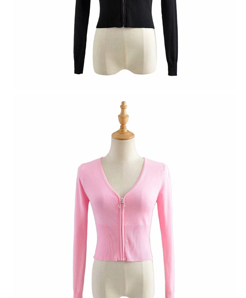 Fashion Light Pink V-neck Zipper Long Sleeve Knit,Sweater