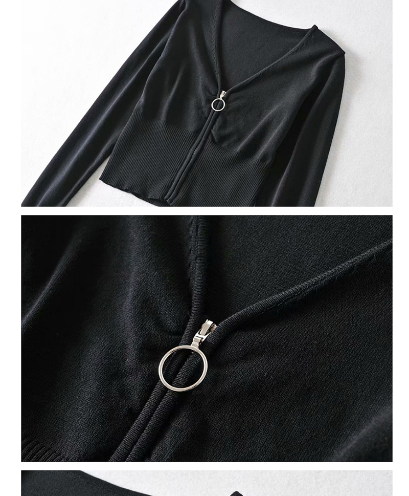 Fashion Black V-neck Zipper Long Sleeve Knit,Sweater