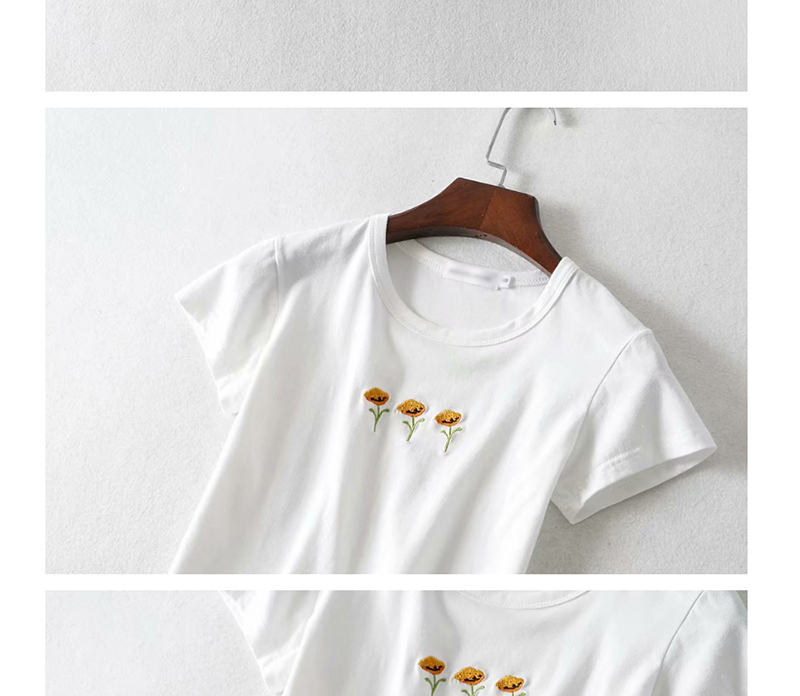 Fashion White Small Flower Embroidered Crew Neck T-shirt,Hair Crown