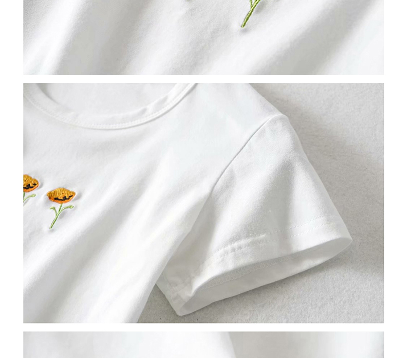 Fashion White Small Flower Embroidered Crew Neck T-shirt,Hair Crown