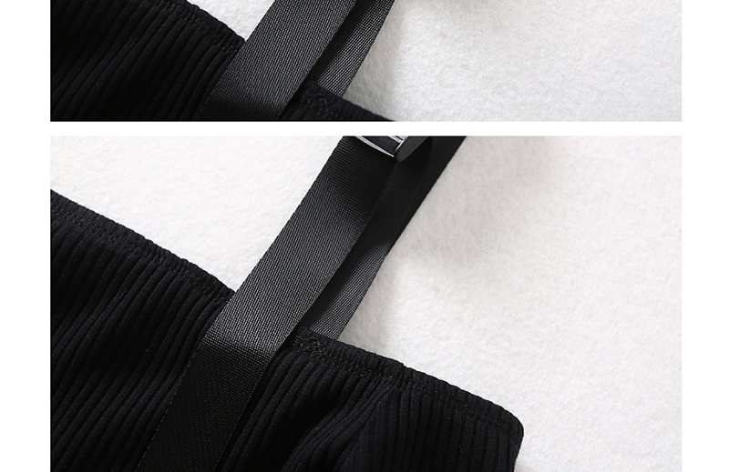 Fashion Black Buckled Shoulder Strap Zip-front Stretch Stretch Navel Top,Blouses