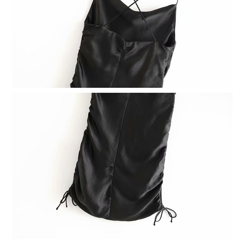 Fashion Black Ruched Drawstring Silk Camisole Dress,Mini & Short Dresses
