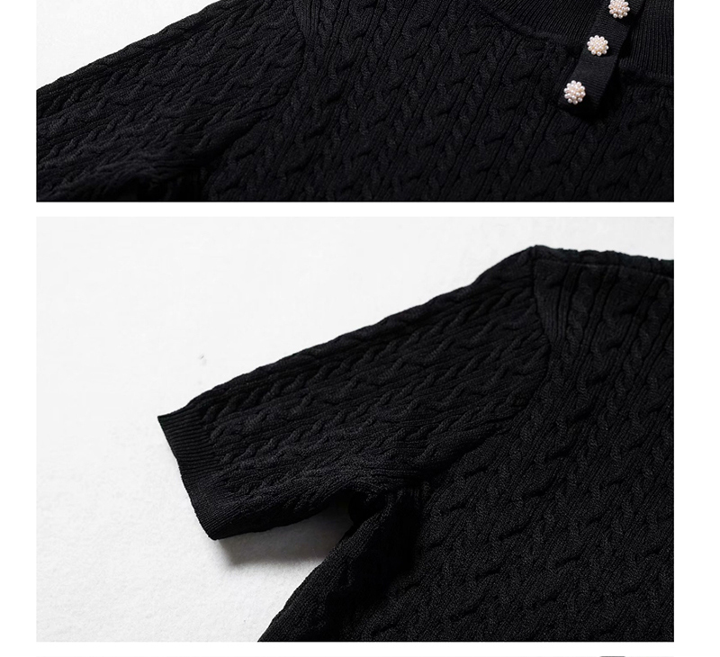 Fashion Black Pearl Button Twist Textured Knit Small Turtleneck Short Sleeve Top,Hair Crown