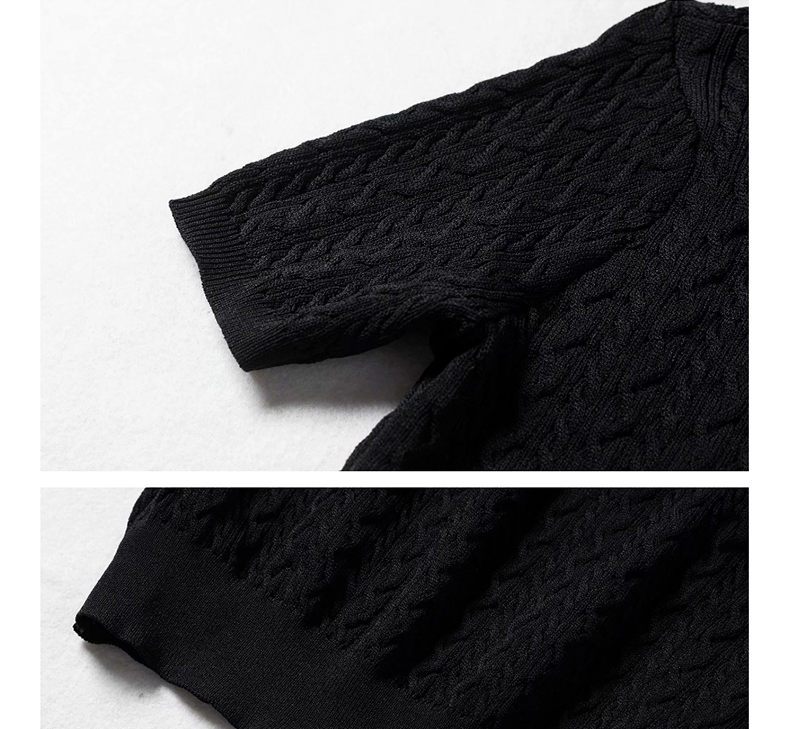 Fashion Khaki Pearl Button Twist Textured Knit Small Turtleneck Short Sleeve Top,Blouses