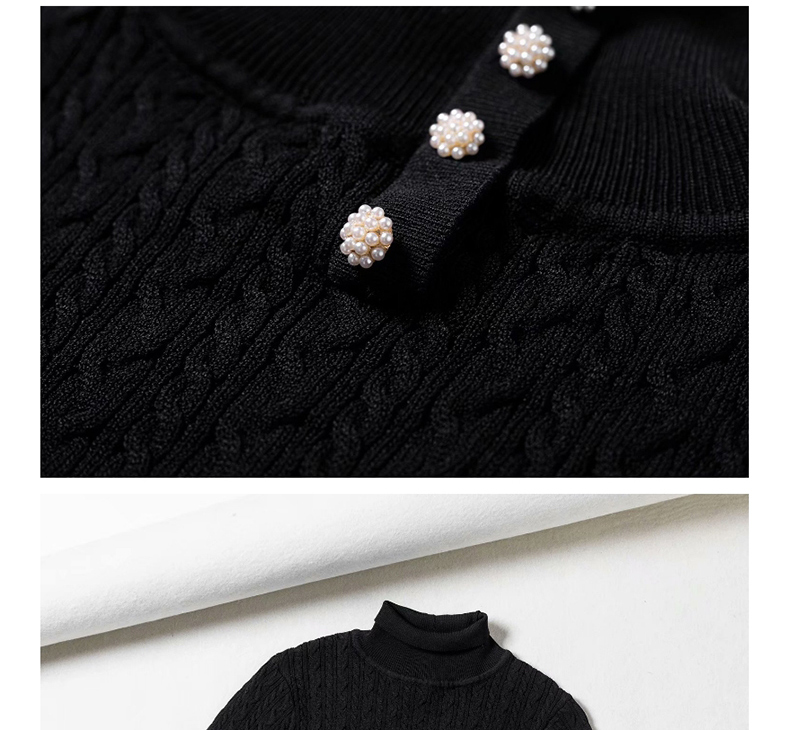 Fashion Black Pearl Button Twist Textured Knit Small Turtleneck Short Sleeve Top,Hair Crown