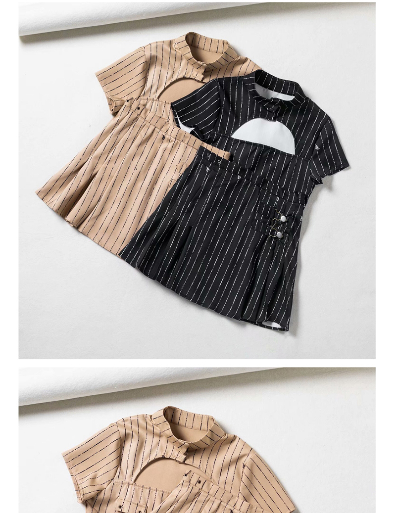 Fashion Black Striped Short Top + Pleated Skirt Suit,Tank Tops & Camis