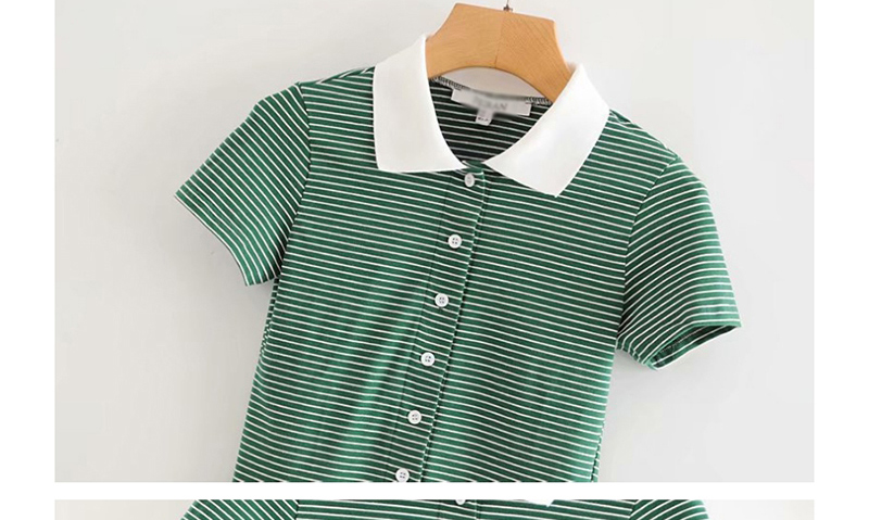 Fashion Green Striped Patch Neck T-shirt,Blouses