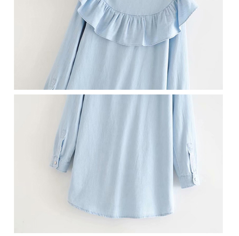 Fashion Blue Stacked Ruffled Shirt Style Denim Dress,Mini & Short Dresses