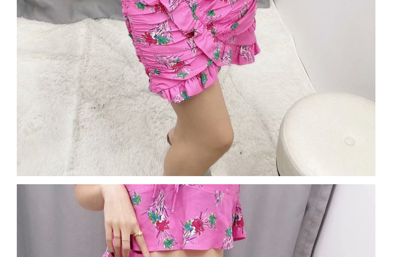 Fashion Rose Red Floral Print Pleated Skirt,Skirts