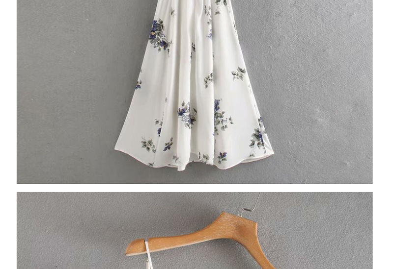 Fashion White Floral Print Strap Pleated Lace Dress,Long Dress
