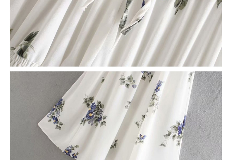 Fashion White Floral Print Strap Pleated Lace Dress,Long Dress