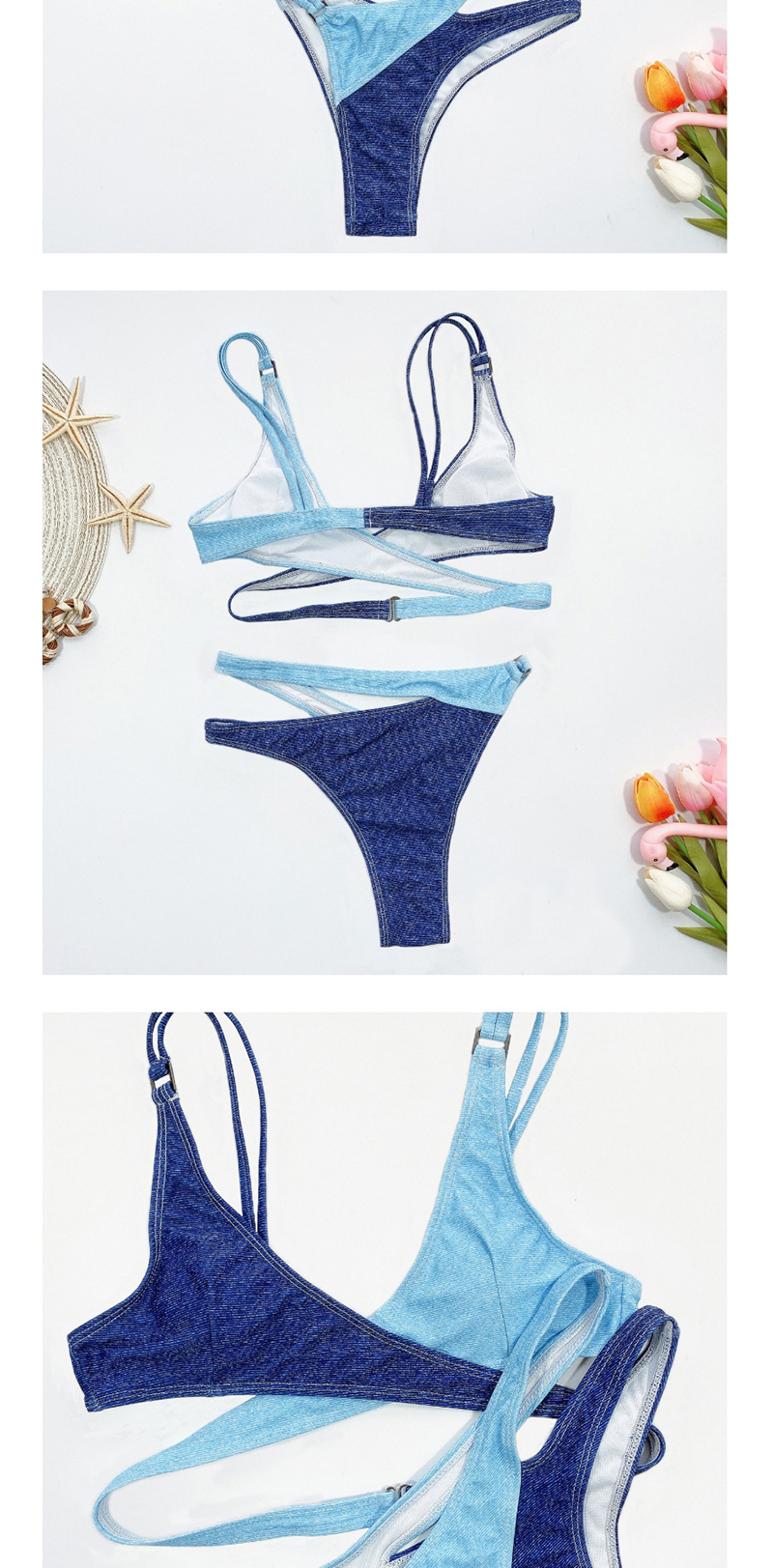 Fashion Blue Paneled Faux Denim Cross-tie Swimsuit,Bikini Sets