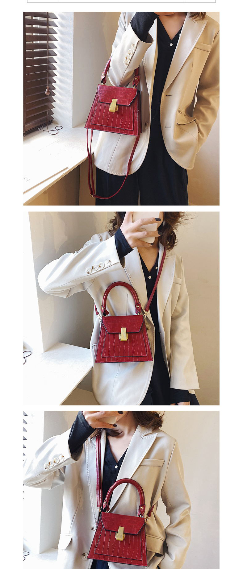 Fashion Red Wine Stone Pattern Square Buckle Shoulder Cross-body Bag,Handbags