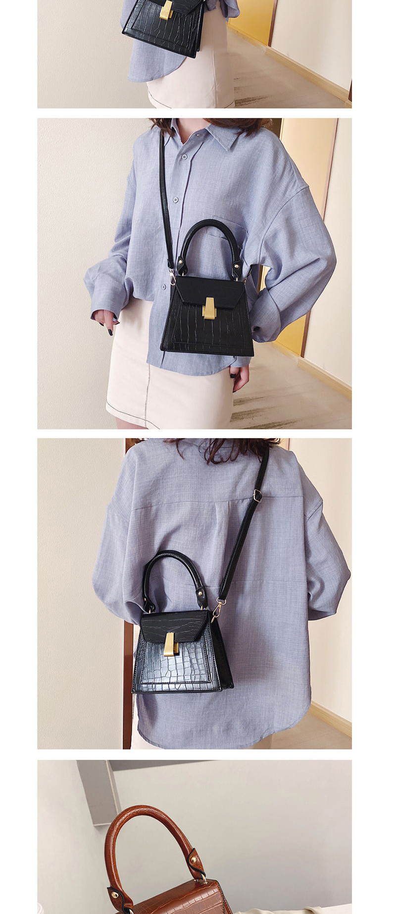 Fashion Black Stone Pattern Square Buckle Shoulder Cross-body Bag,Handbags