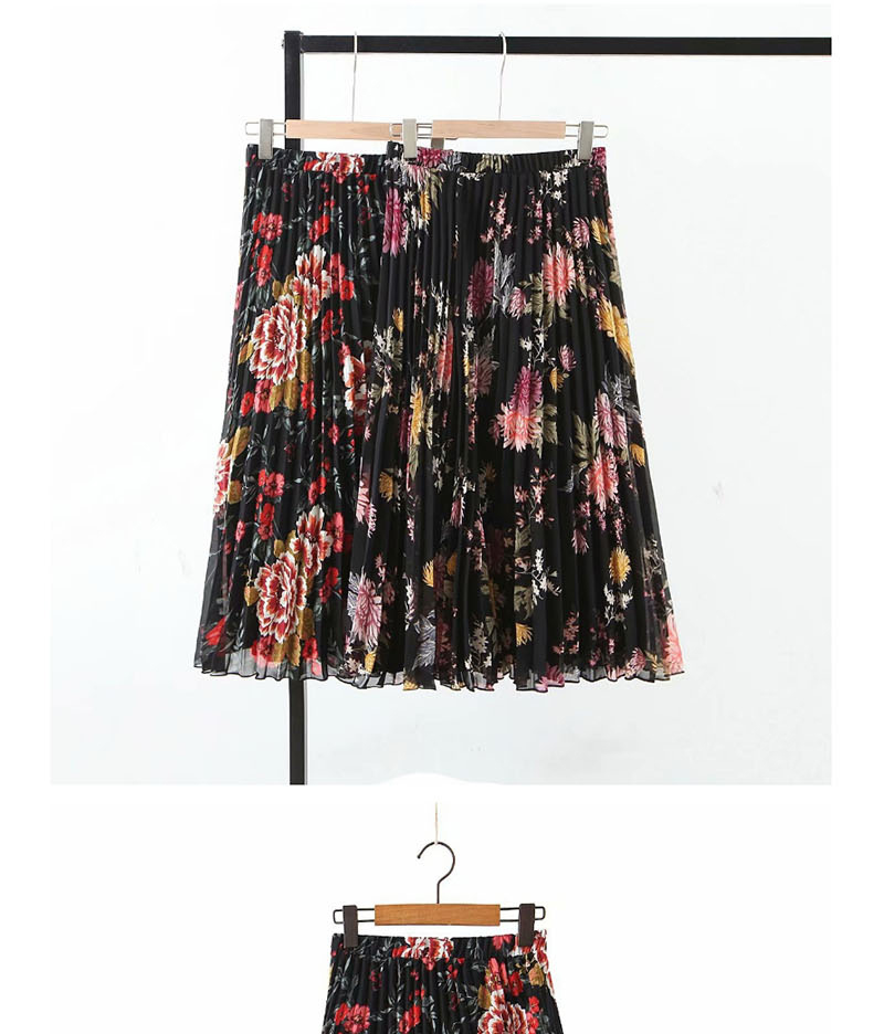 Fashion Red Flower Print Pleated Skirt,Skirts