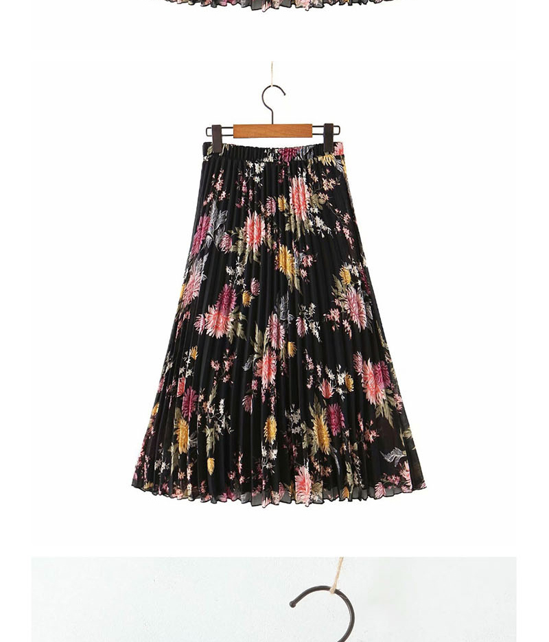 Fashion Black Flower Print Pleated Skirt,Skirts