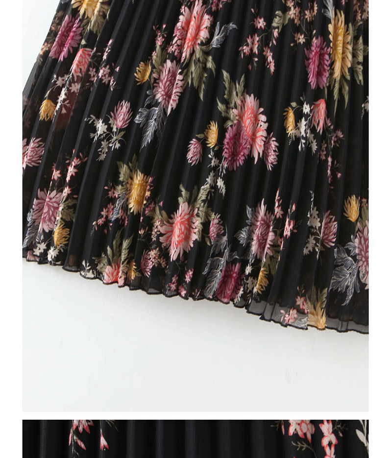 Fashion Black Flower Print Pleated Skirt,Skirts