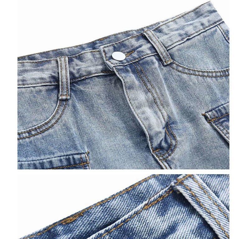 Fashion Photo Color Washed Double-pocket Anti-walkout Safety Denim Skirt,Denim