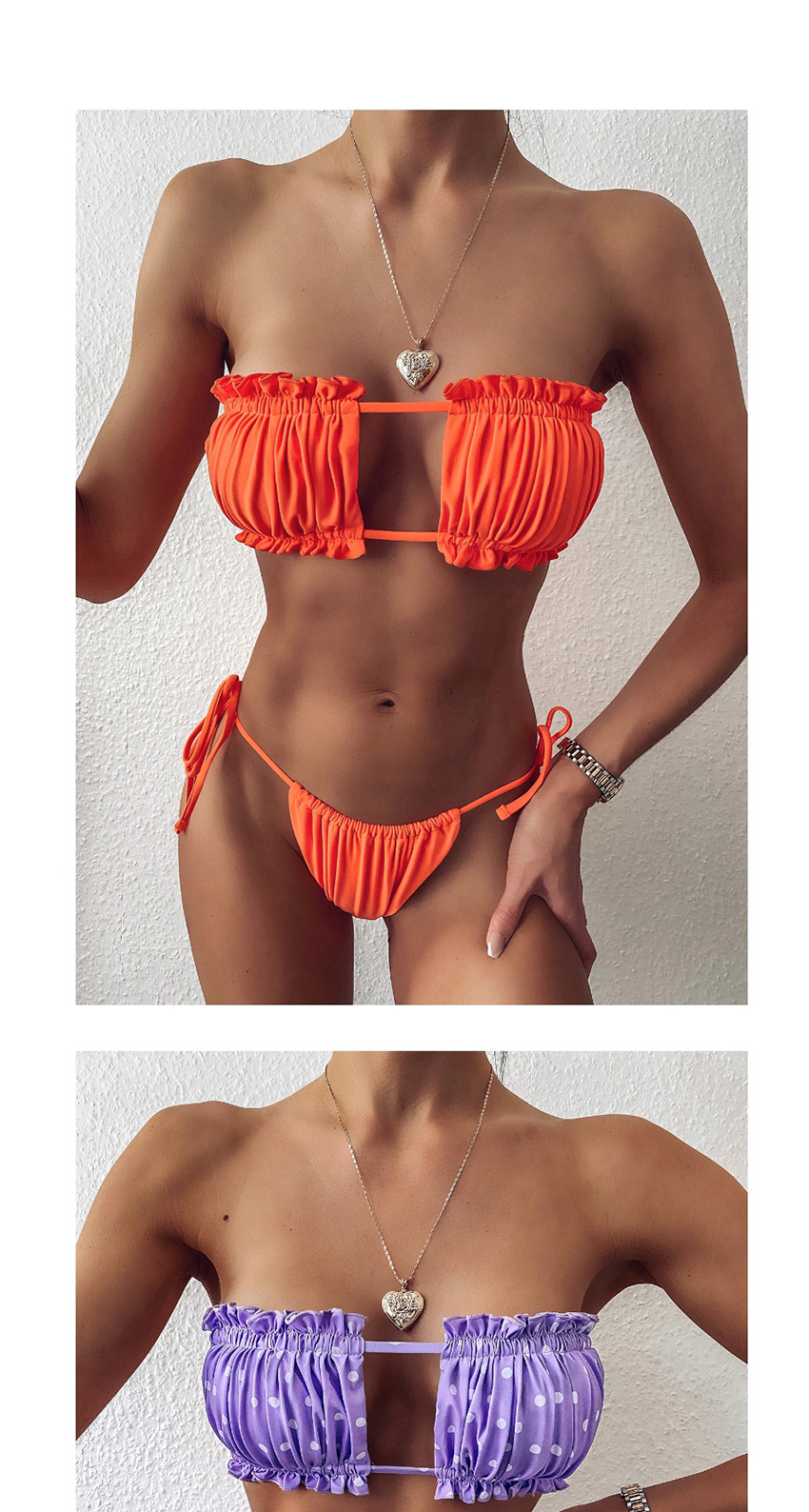 Fashion Orange Pleated Cutout Tether Strap Triangle Split Swimsuit,Bikini Sets