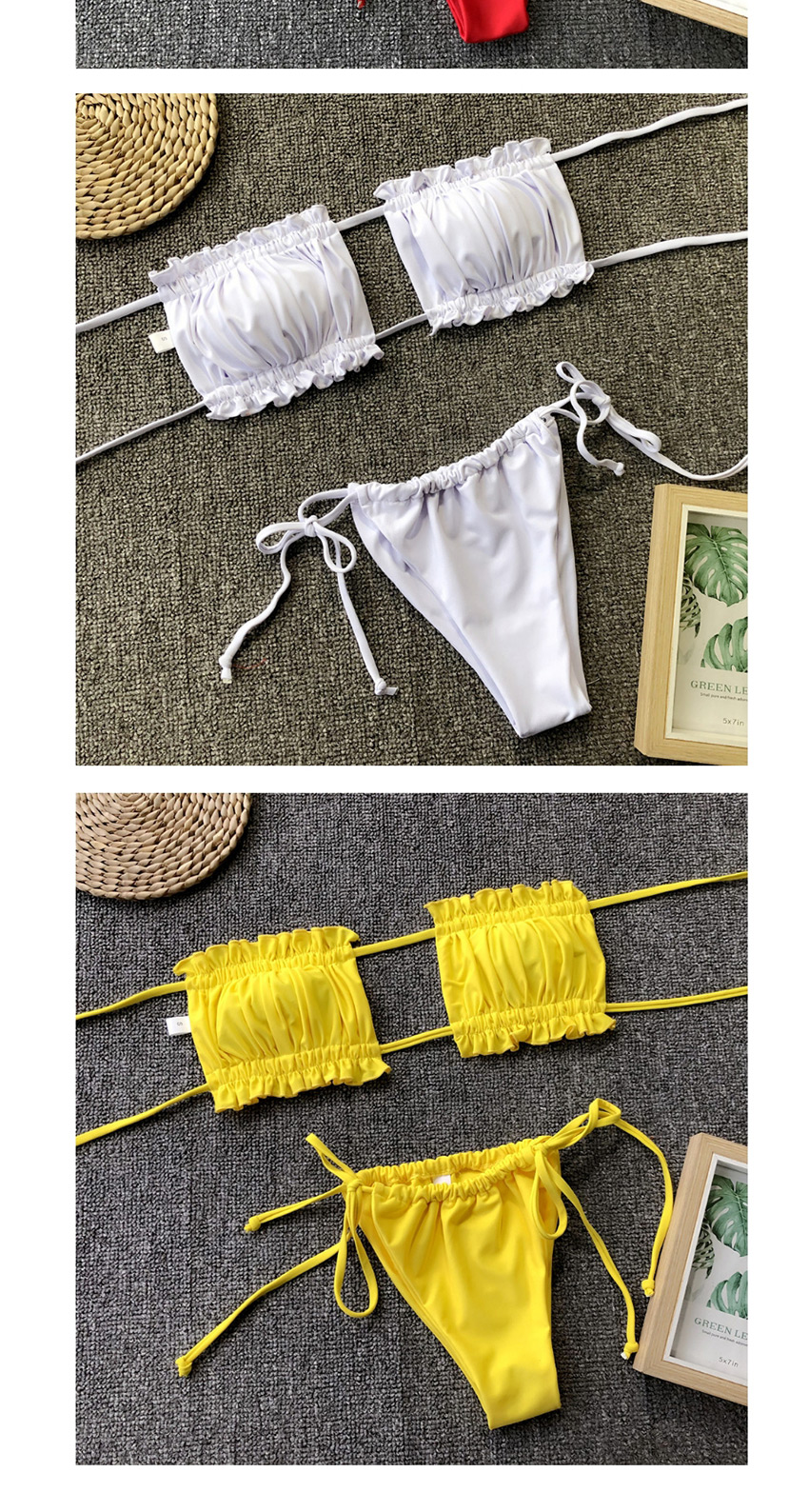 Fashion Yellow Pleated Cutout Tether Strap Triangle Split Swimsuit,Bikini Sets