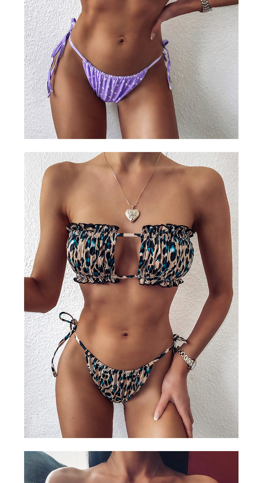 Fashion White Leopard Print Leopard Print Pleated Cutout Tether Strap Triangle Split Swimsuit,Bikini Sets
