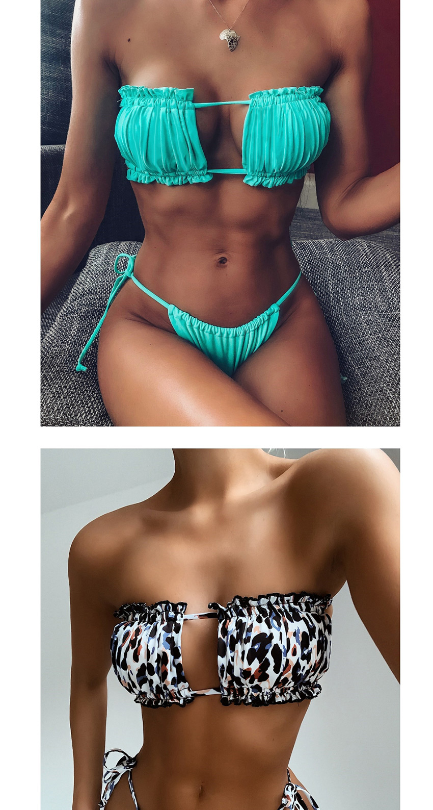 Fashion Green Leopard Print Leopard Print Pleated Cutout Tether Strap Triangle Split Swimsuit,Bikini Sets