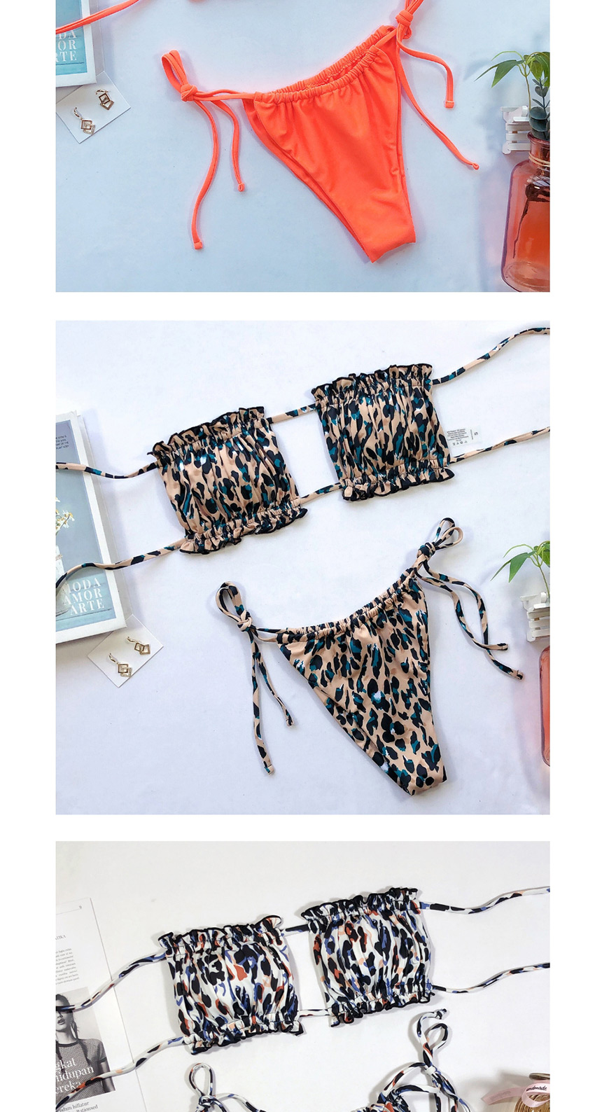 Fashion White Leopard Print Leopard Print Pleated Cutout Tether Strap Triangle Split Swimsuit,Bikini Sets