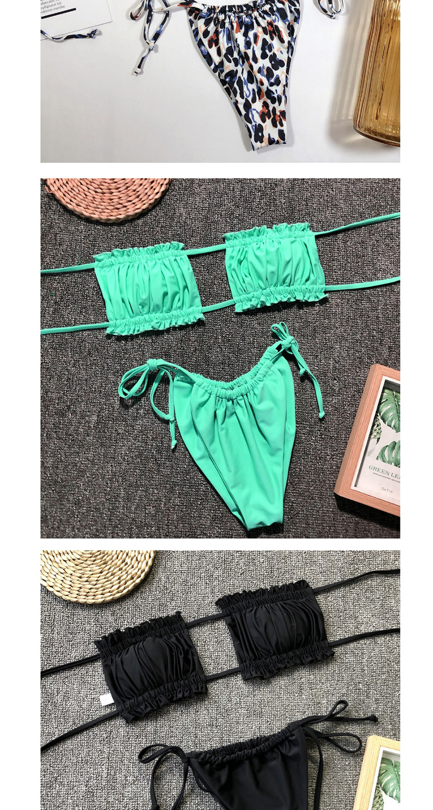 Fashion Green Leopard Print Leopard Print Pleated Cutout Tether Strap Triangle Split Swimsuit,Bikini Sets