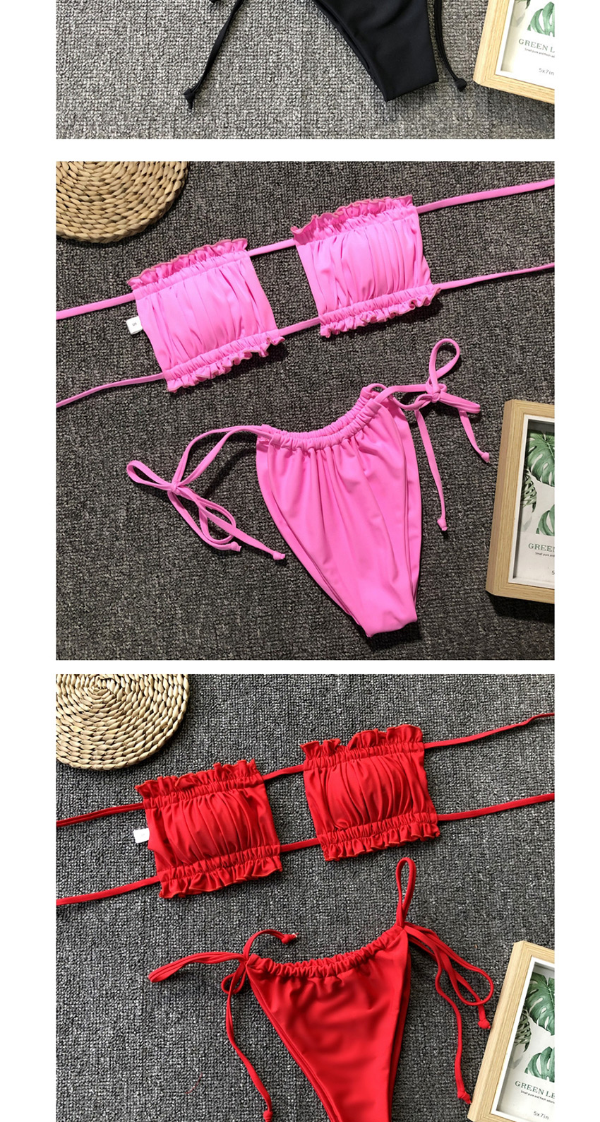 Fashion Pink Pleated Cutout Tether Strap Triangle Split Swimsuit,Bikini Sets