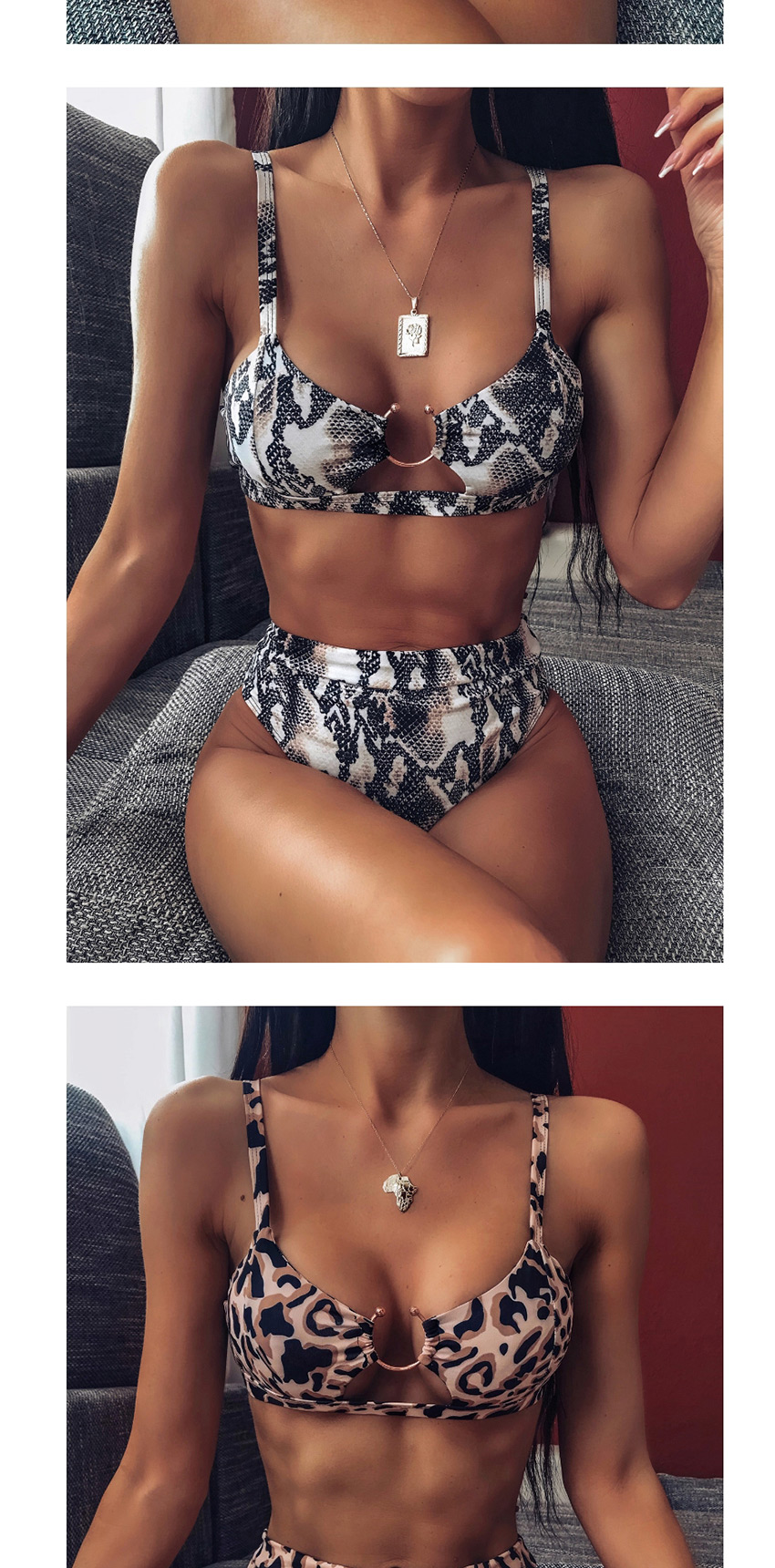 Fashion Black Leopard Print Leopard-print Metallic Ring-cut High-waist Split Swimsuit,Bikini Sets